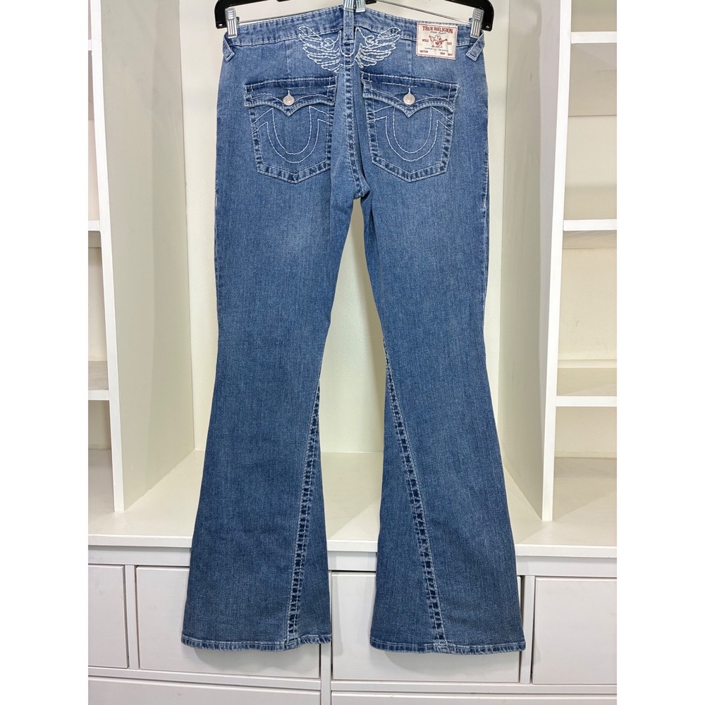 True Religion Womens Wing Embroidered Flare Jeans Blue Medium Wash Denim Size 34